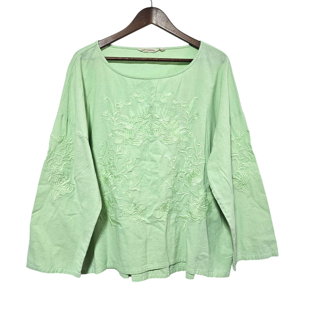 Soft Surroundings Embroidered Top Light Green Floral Cotton Slouchy Women's XL
